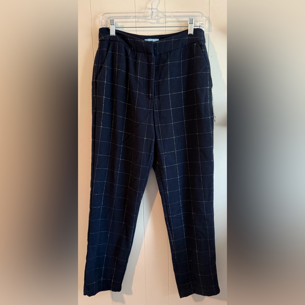 Draper James RSVP Wms 10 Navy/Gold Plaid Knit Poly Acrylic Wool Dress Pants